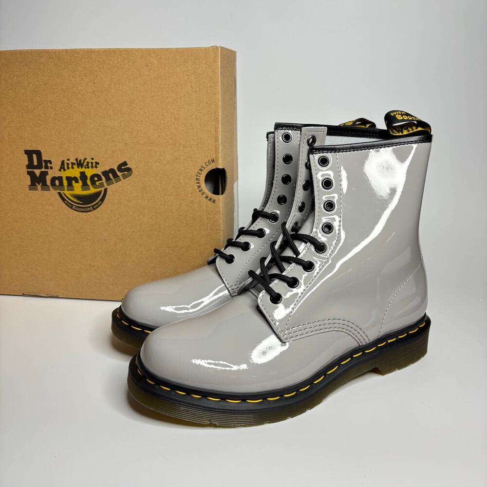 Dr. Martens 1460 Patent Leather 8 Eye Boot in Zinc Grey